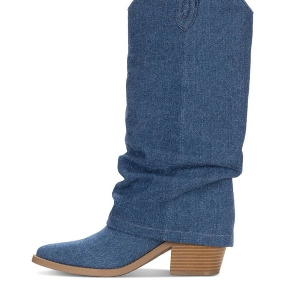 Sun + Stone Brynn Slouch Cuff Tall Cowboy Boots Denim 7M Memory Foam MSRP $99 - Picture 1 of 8